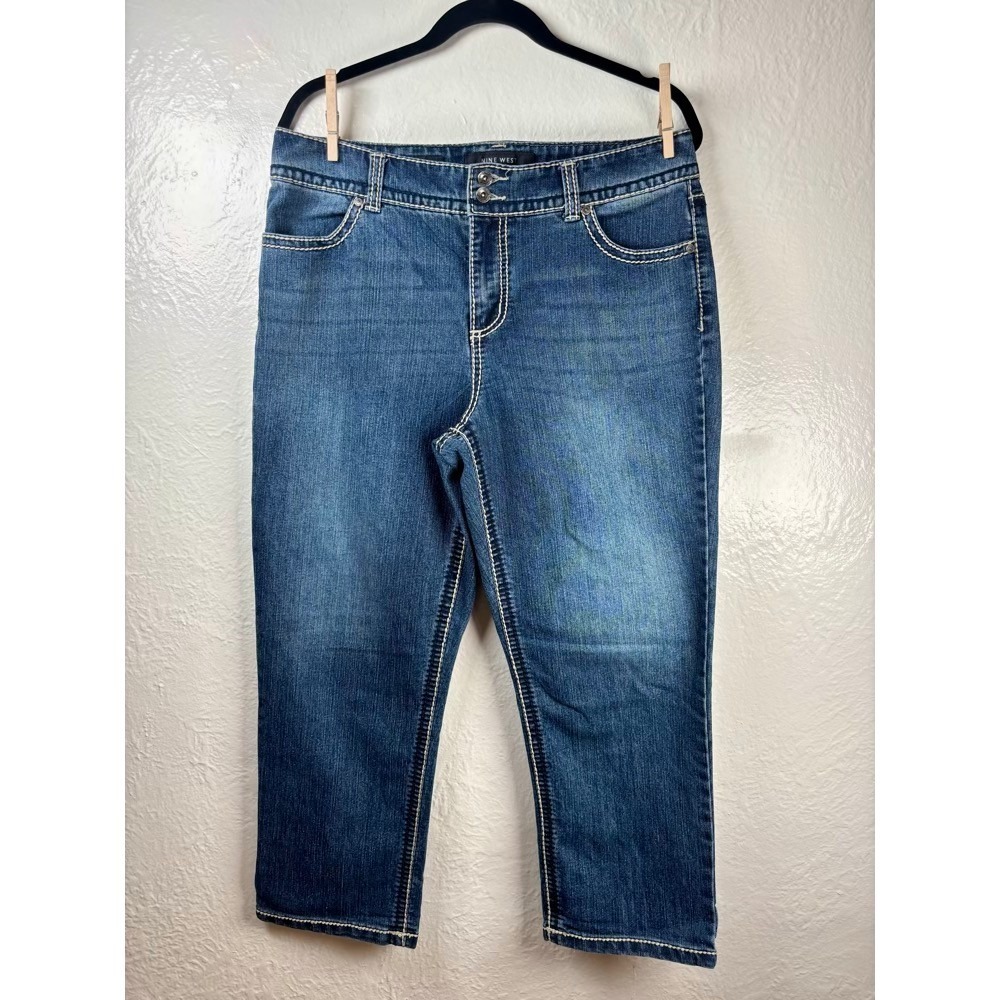 Nine West Capri Jeans 12 Blue Date Night Fit Embroidered Contrast Stitch McBling